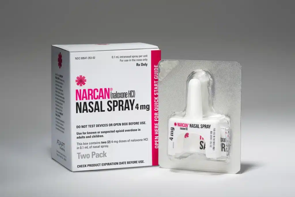 Narcan nasal spray, a life-saving Naloxone medication used to combat opioid overdoses.