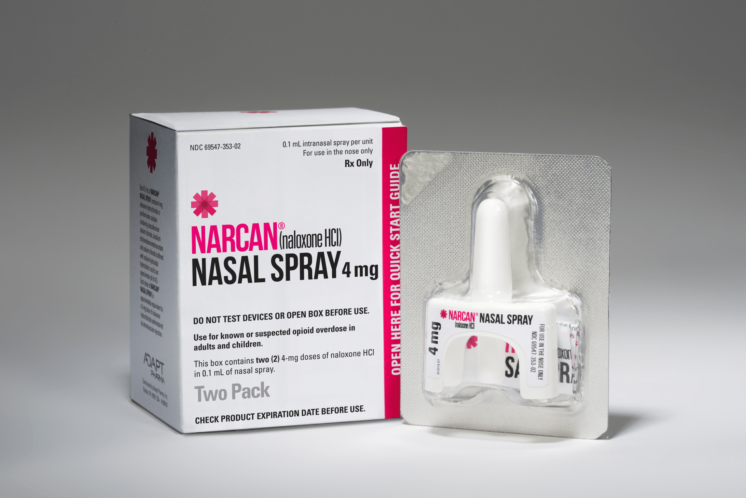 Narcan nasal spray, a life-saving Naloxone medication used to combat opioid overdoses.