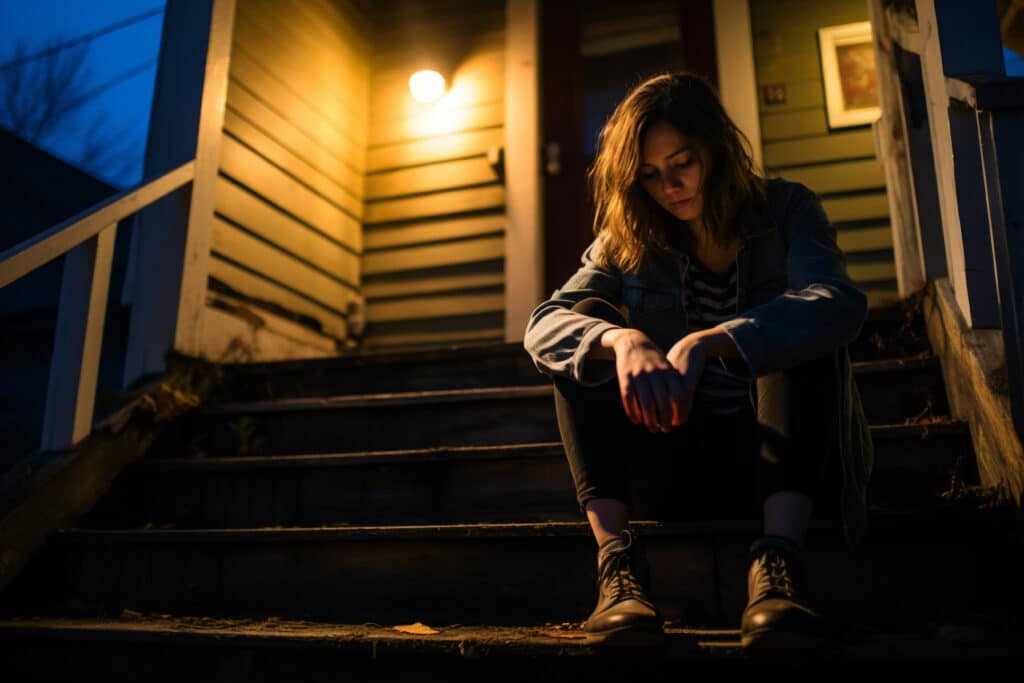 Girl sitting down on the steps in front of he house looking down depressed and struggling